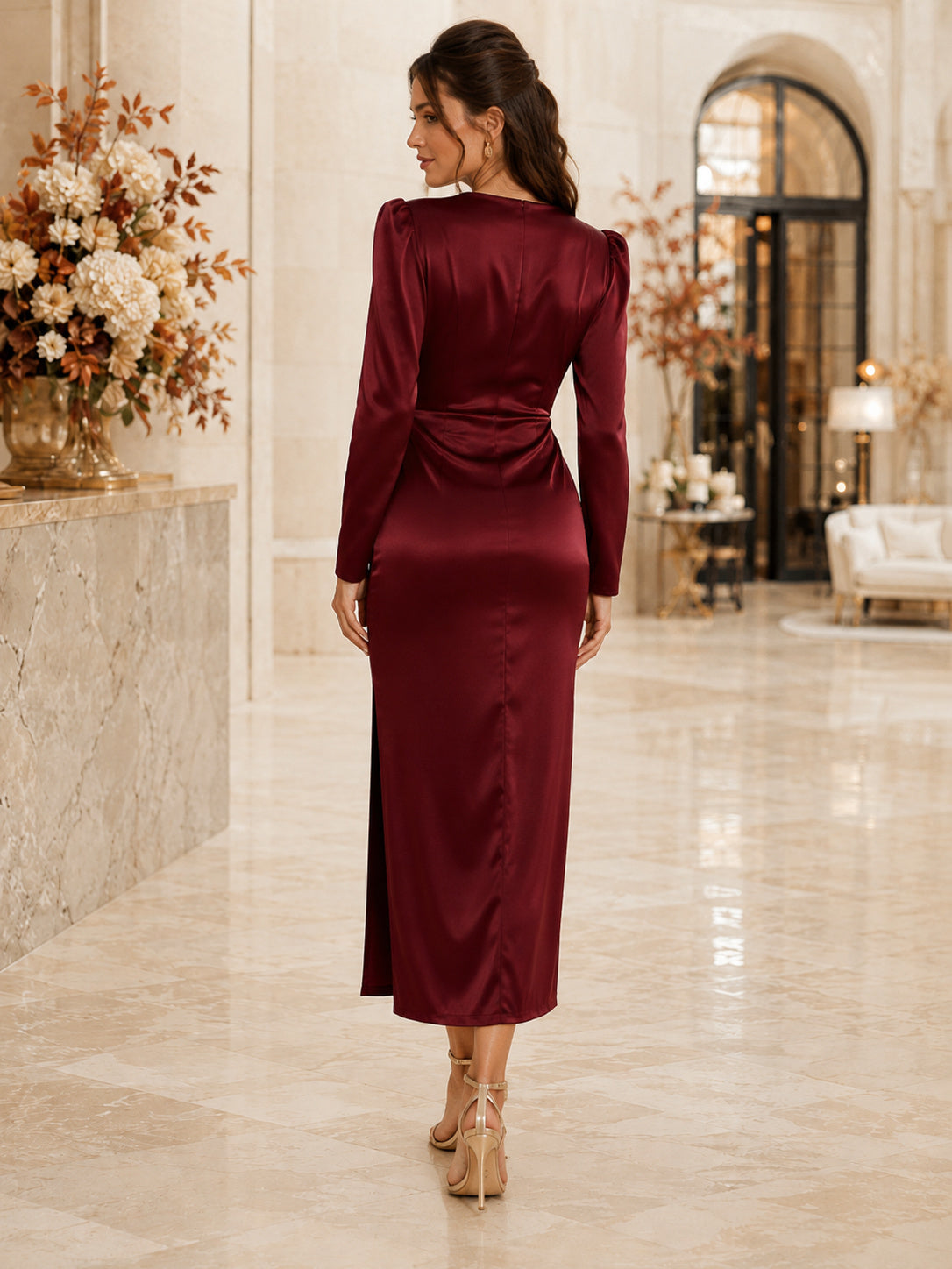 Claret Cowl Neck Long Sleeve Satin Sheath Tea Wedding Guest Dress back view