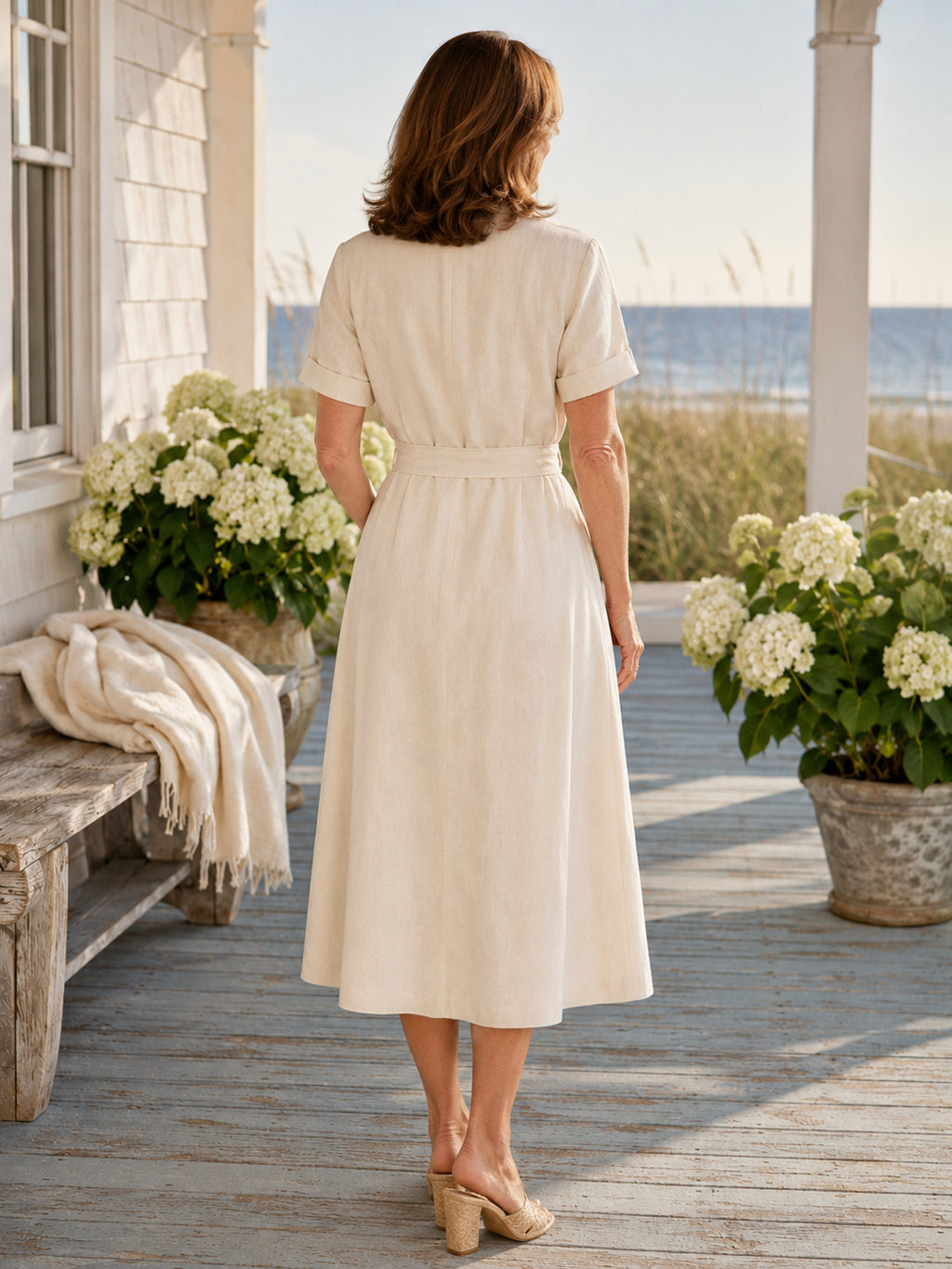 Ivory collared buttoned tie waist linen coastal midi dress back view