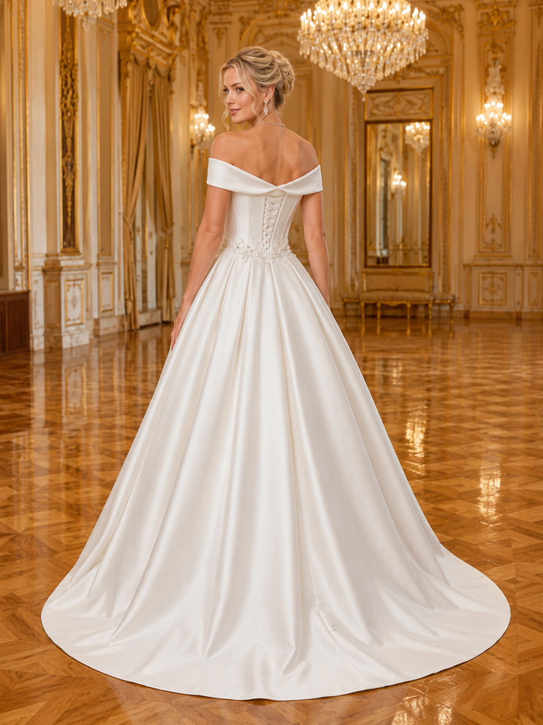 White Off Shoulder Beaded Waist Satin Ball Gown Sweep Train Vienna Opera Dress back view