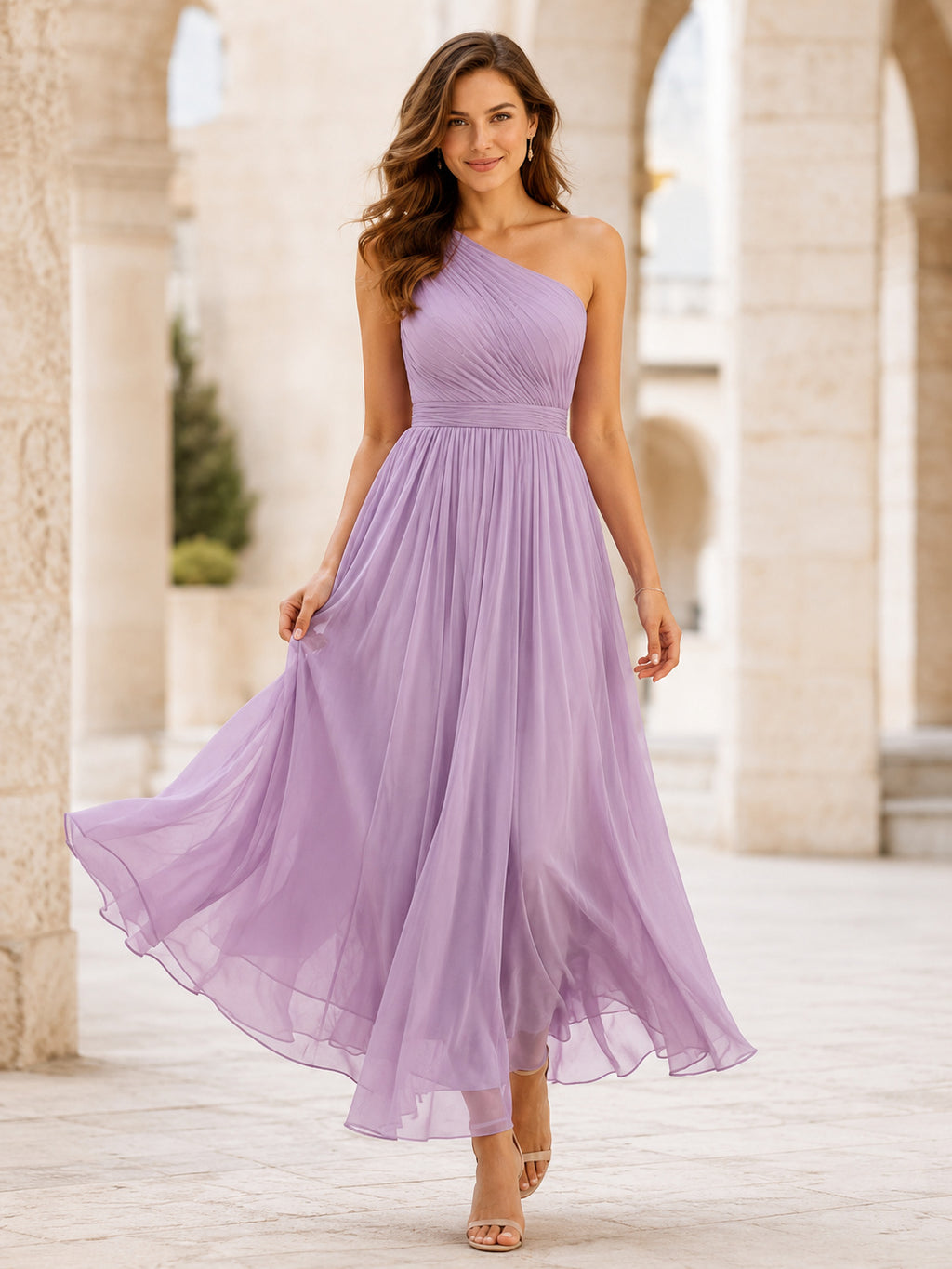 Lavender One Shoulder Chiffon Pleated Ankle Length A Line Dress front view