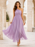 Lavender One Shoulder Chiffon Pleated Ankle Length A Line Dress front view