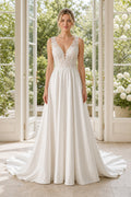 White Bateau Short Sleeves Mermaid Crepe, Lace Floor-length Wedding Dress With Lace and Beaded Waist and Open Back Lace Hem Detail