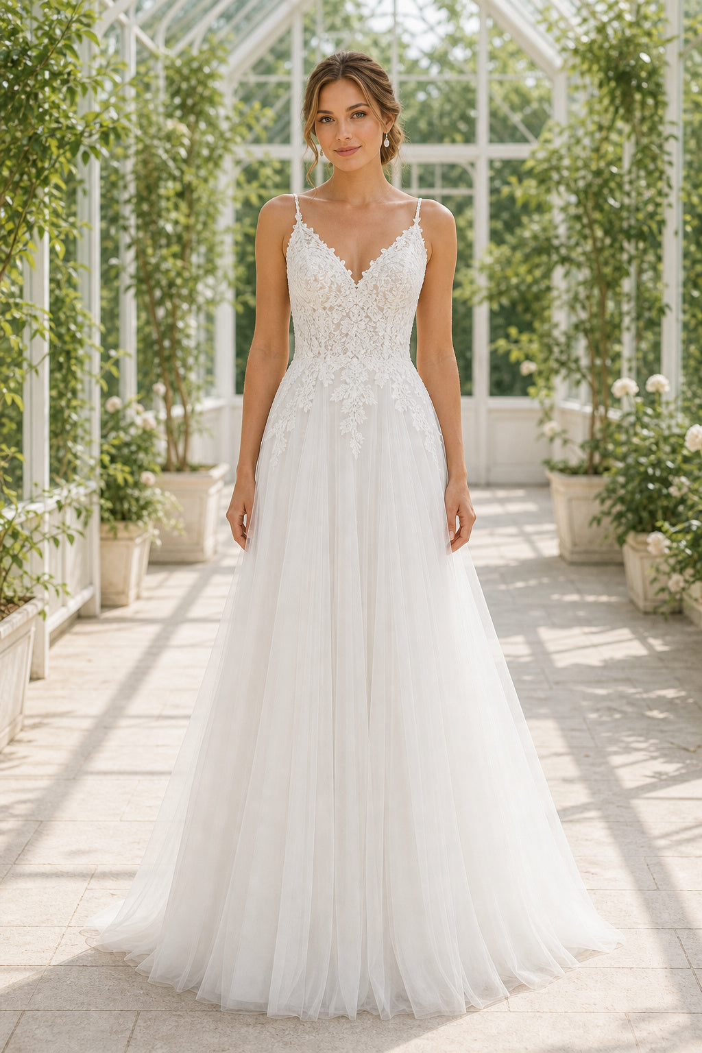 White Illusion Flutter Sleeves A-Line Lace Floor-length Wedding Dress With Lace and Pleated Skirt