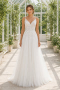 White Illusion Flutter Sleeves A-Line Lace Floor-length Wedding Dress With Lace and Pleated Skirt