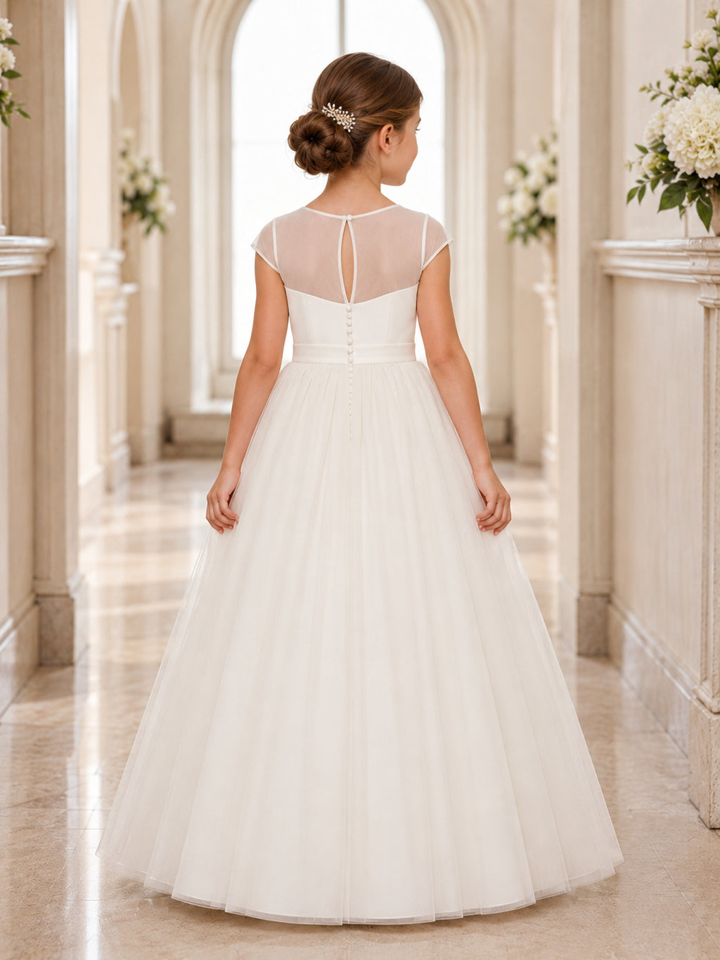 Flower Girl Dress Ivory Tulle A-Line Sleeveless Jewel Neck Floor Length Floral Applique back view