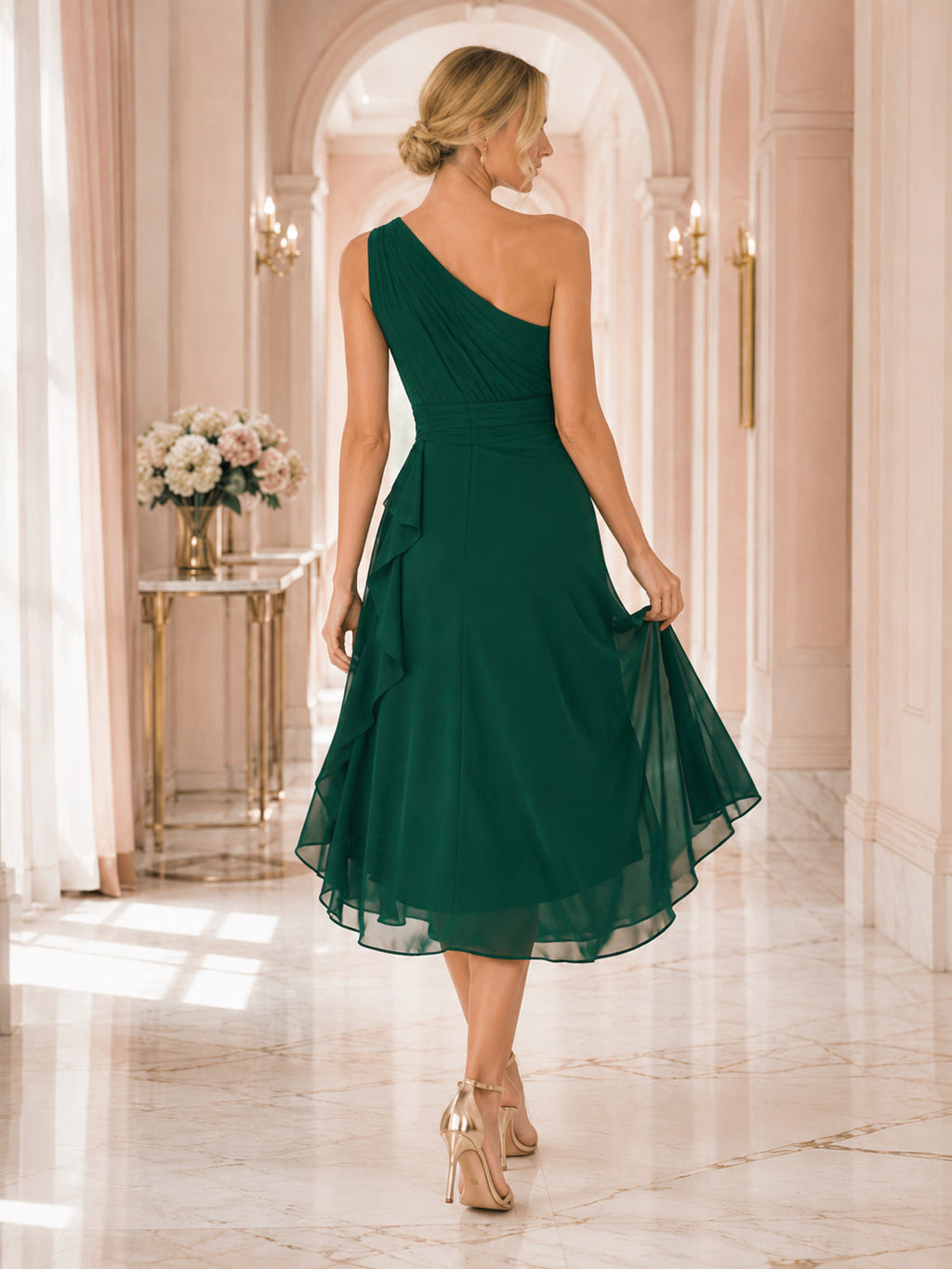 Dark Green Polished Chiffon Sheath V-neck Knee Length Cocktail Dress back view