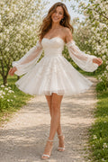 Ivory Strapless Sweetheart Detachable Puff Sleeve Tulle Mini Dress for Wedding Reception and Party front view