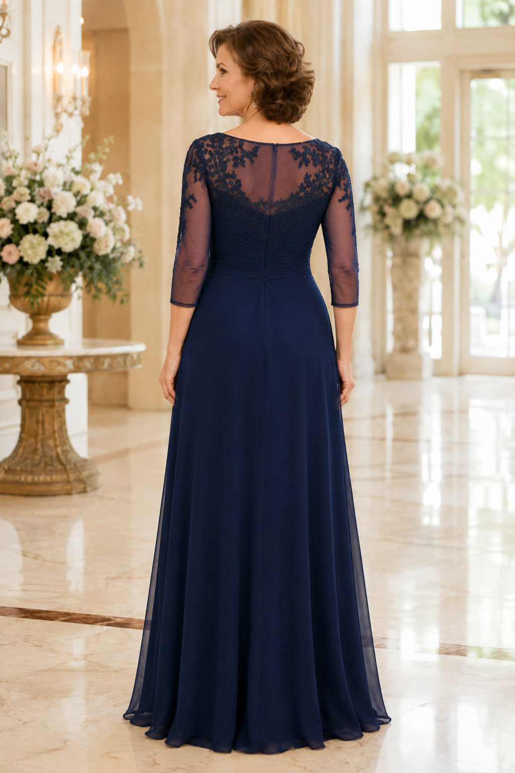 Dark Navy Bateau A-Line Mother Dress with Illusion Sleeves and Lace Bodice for Evening Reception back view