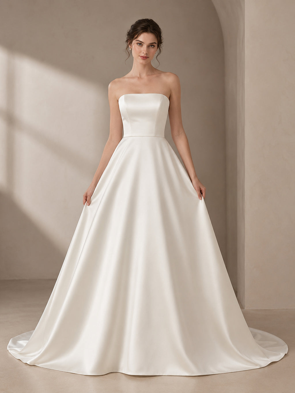 Simple Satin Strapless Studio Ball Gown Bridal Dress front view