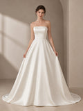 Simple Satin Strapless Studio Ball Gown Bridal Dress front view