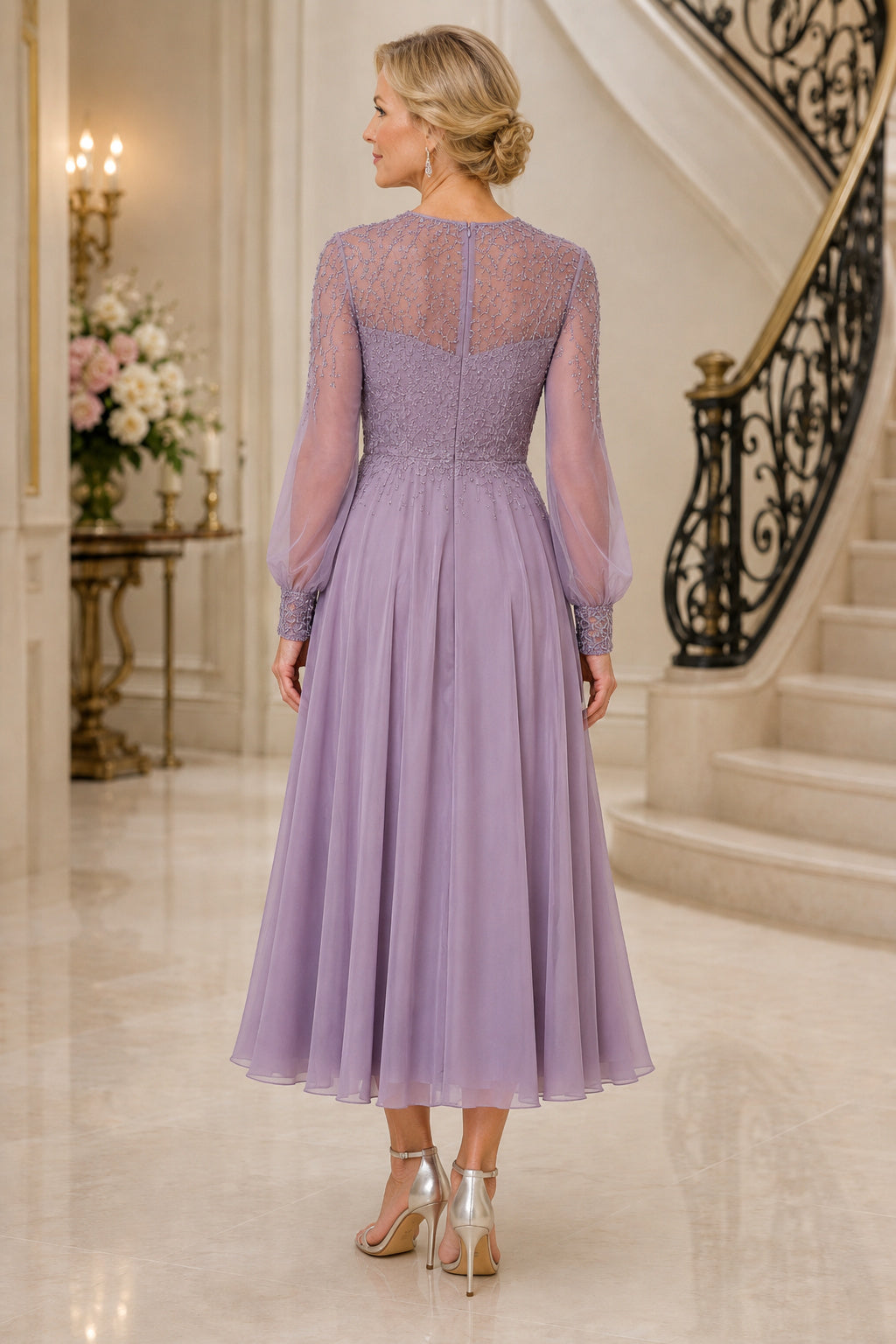 Lavender Tea Length Mother Dress with Illusion Long Sleeves and Chiffon Skirt for Evening Reception back view
