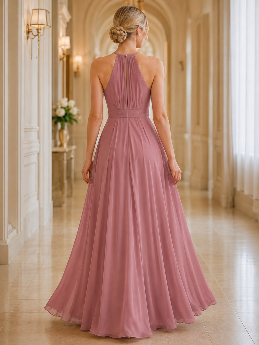 Dusty Rose Halter Pleated Chiffon A-Line Formal Dress back view