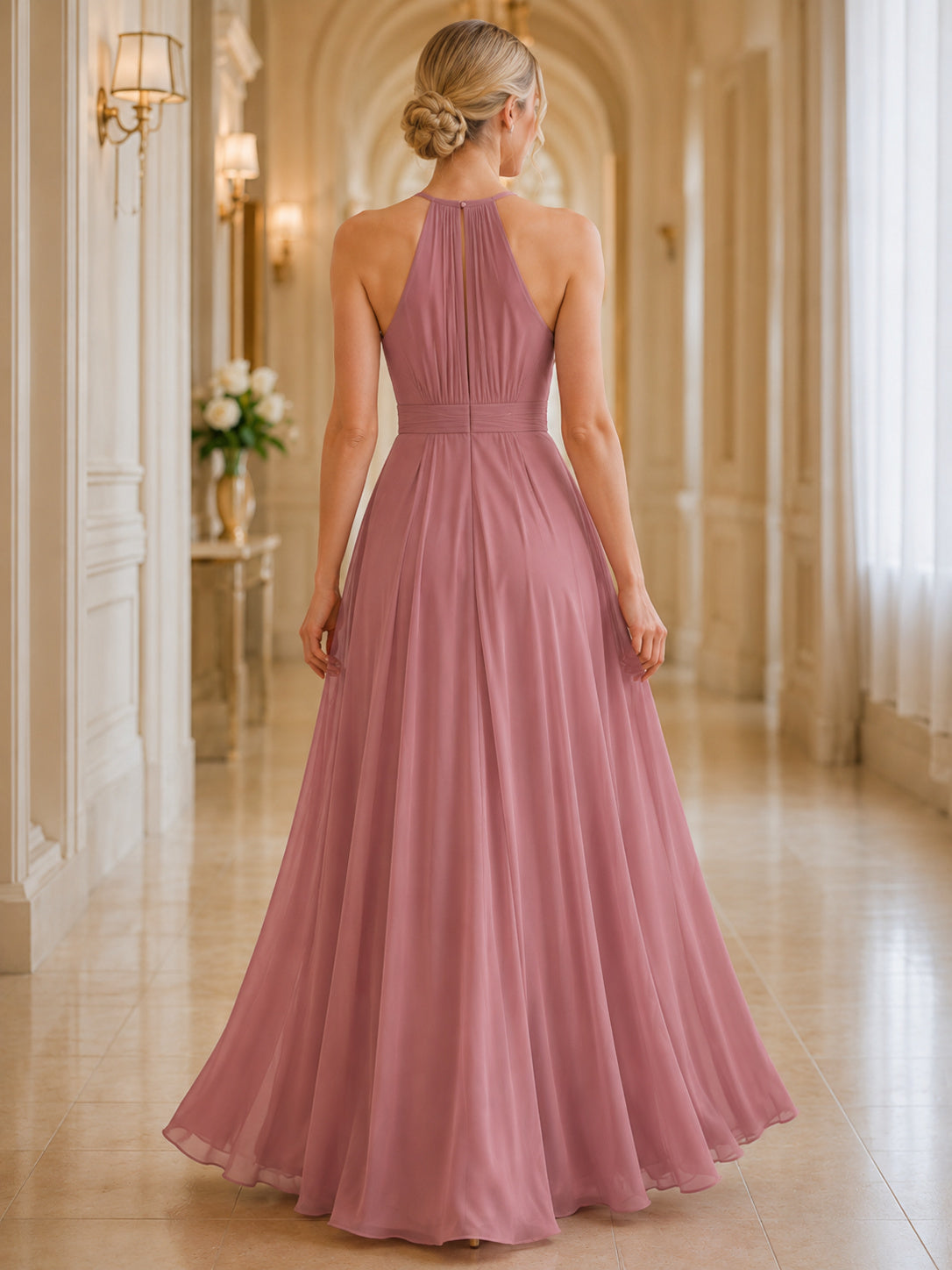 Dusty Rose Halter Pleated Chiffon A-Line Formal Dress back view