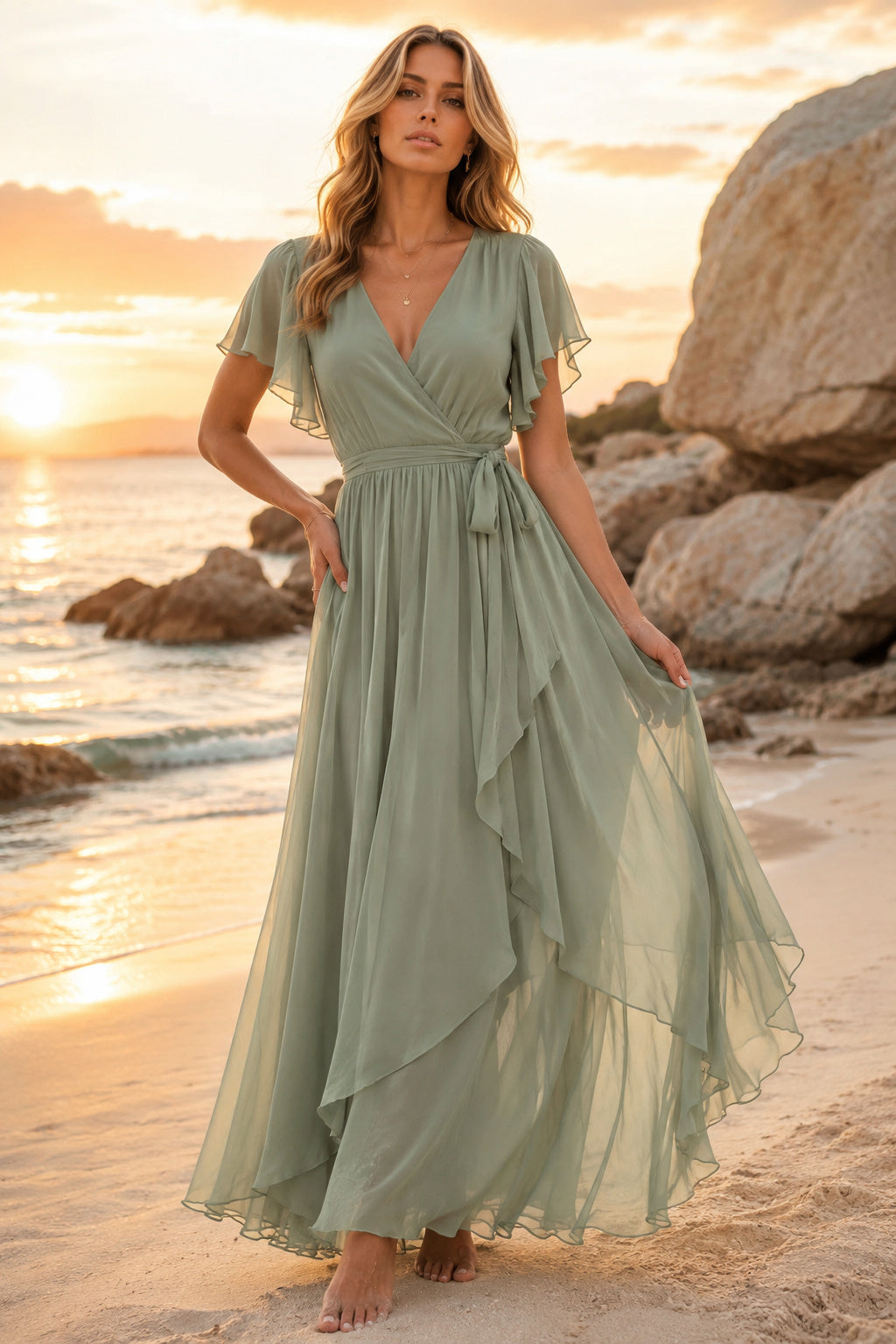 Sage V-Neck Flutter Sleeve Chiffon Formal Dress front view