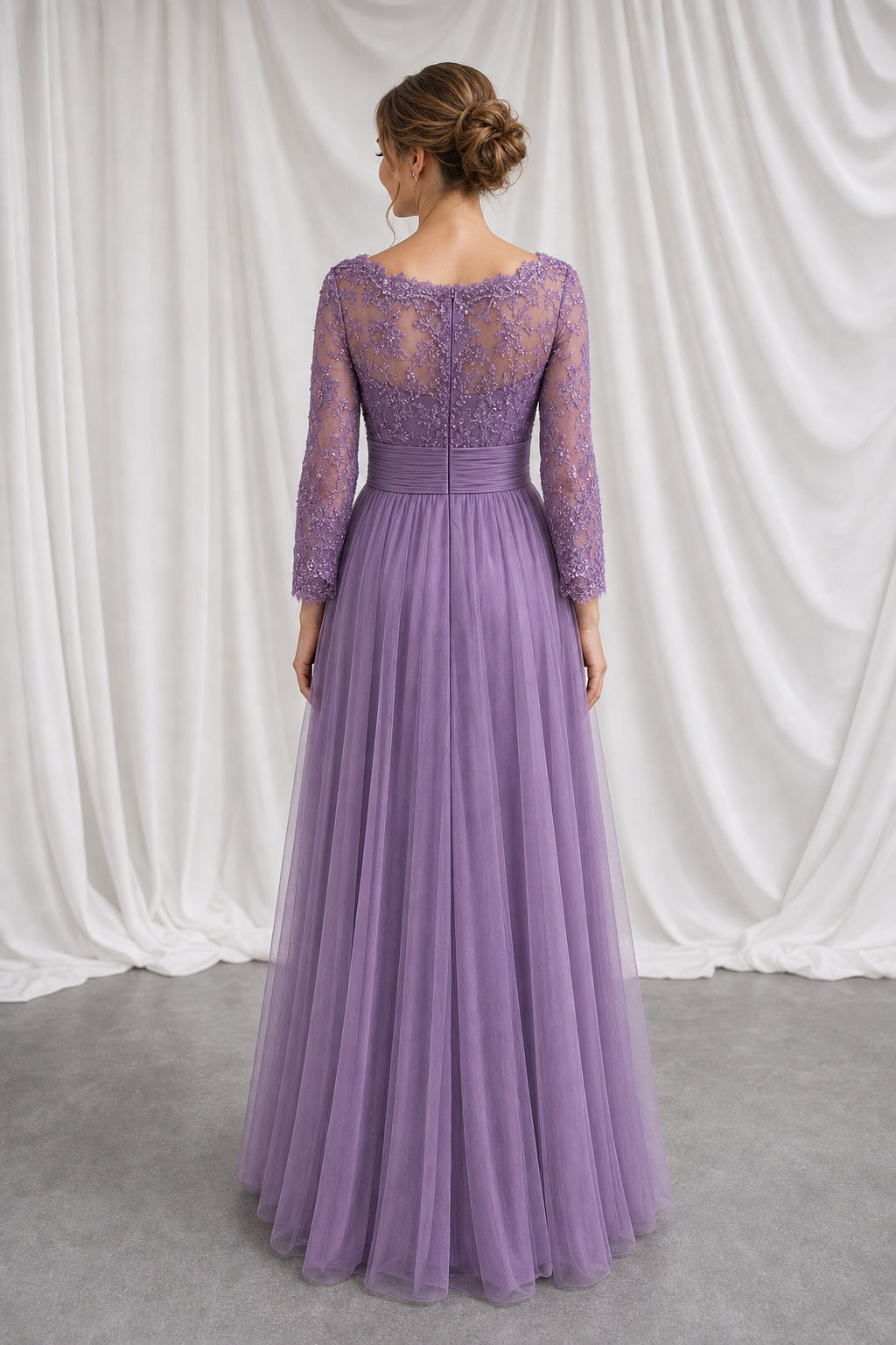 Lavender V-neck Long Sleeve A-Line Tulle Floor-Length Dress With Lace Bodice