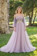 Lavender V-Neck Long Sleeve Tulle A-Line Dress