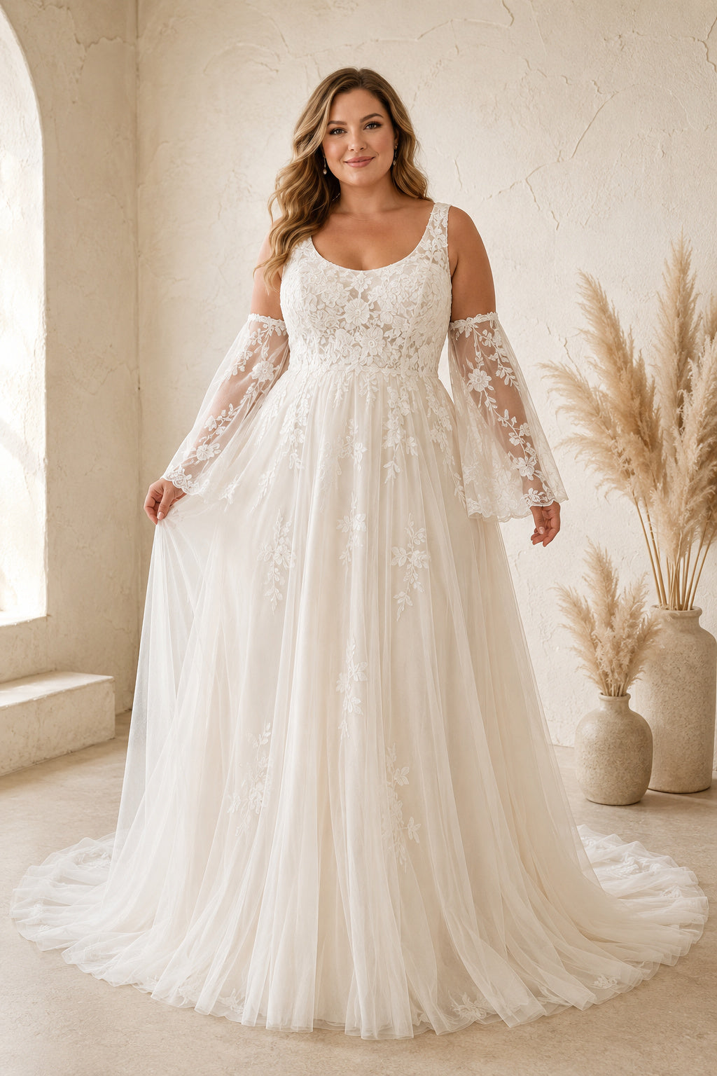 Plus Size Ivory Scoop Neck Strap Bell Sleeve Lace Tulle A-Line Wedding Dress with Bell Sleeves and Lace Tulle Train front vie