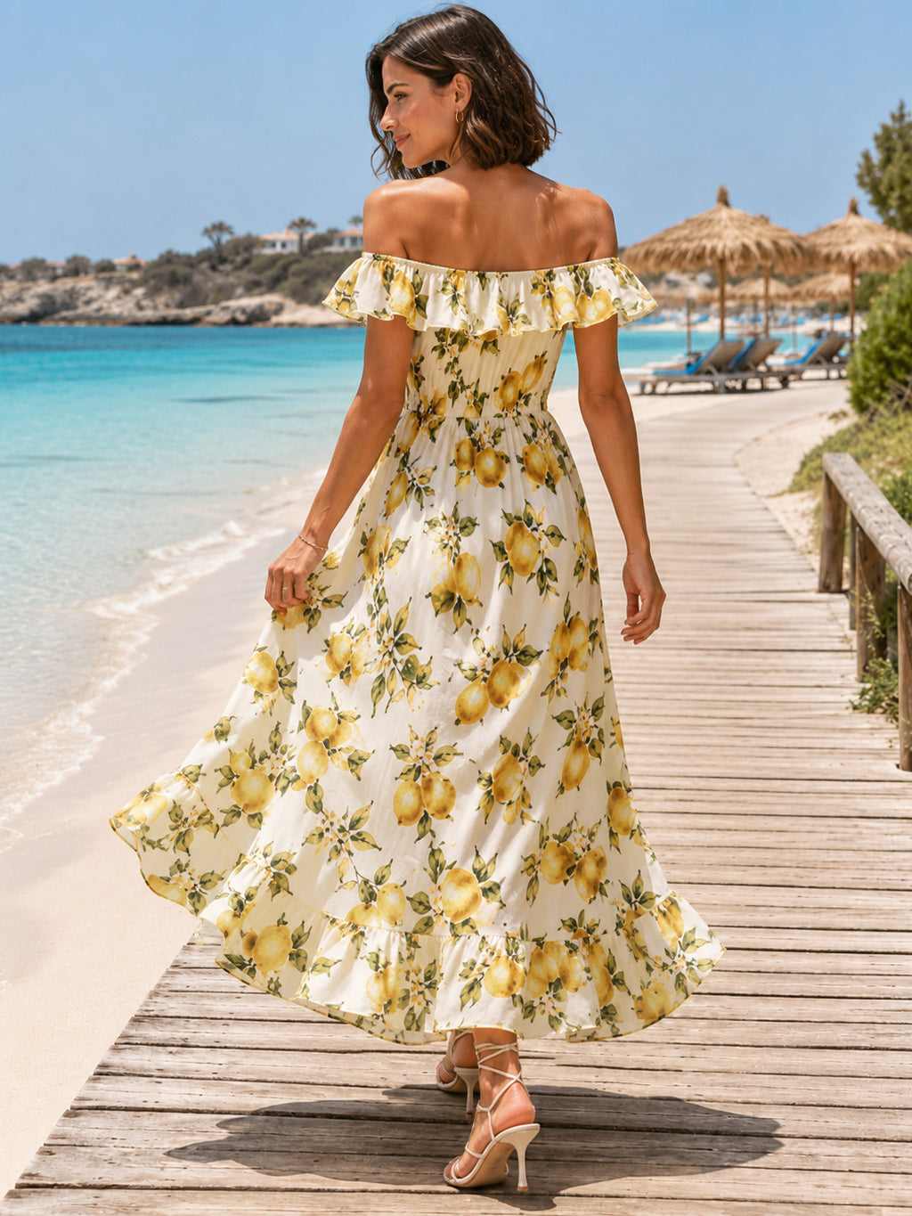 Lemon Print Off Shoulder Ruffle High Low Resort Dress back view