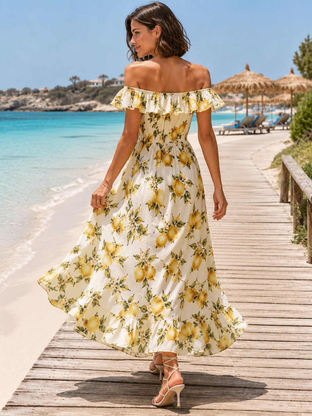 Lemon Print Off Shoulder Ruffle High Low Resort Dress back view