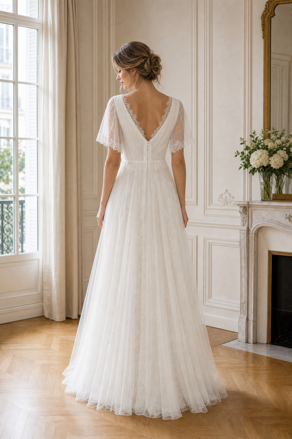 White V-neck Long Sleeves A-Line Lace Floor-length Wedding Dress With Lace and Open Back