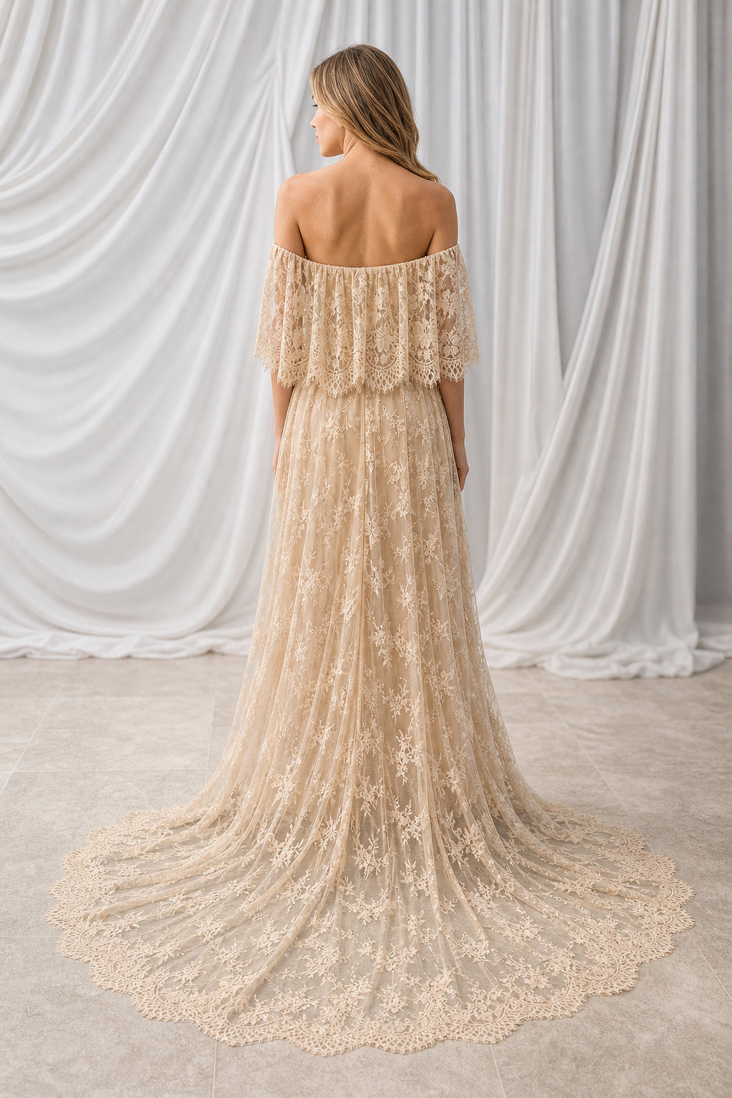 White Bateau Cap Sleeves A-Line Satin Floor-length Wedding Dress With Pleated Skirt and Layered Skirt and Open Back