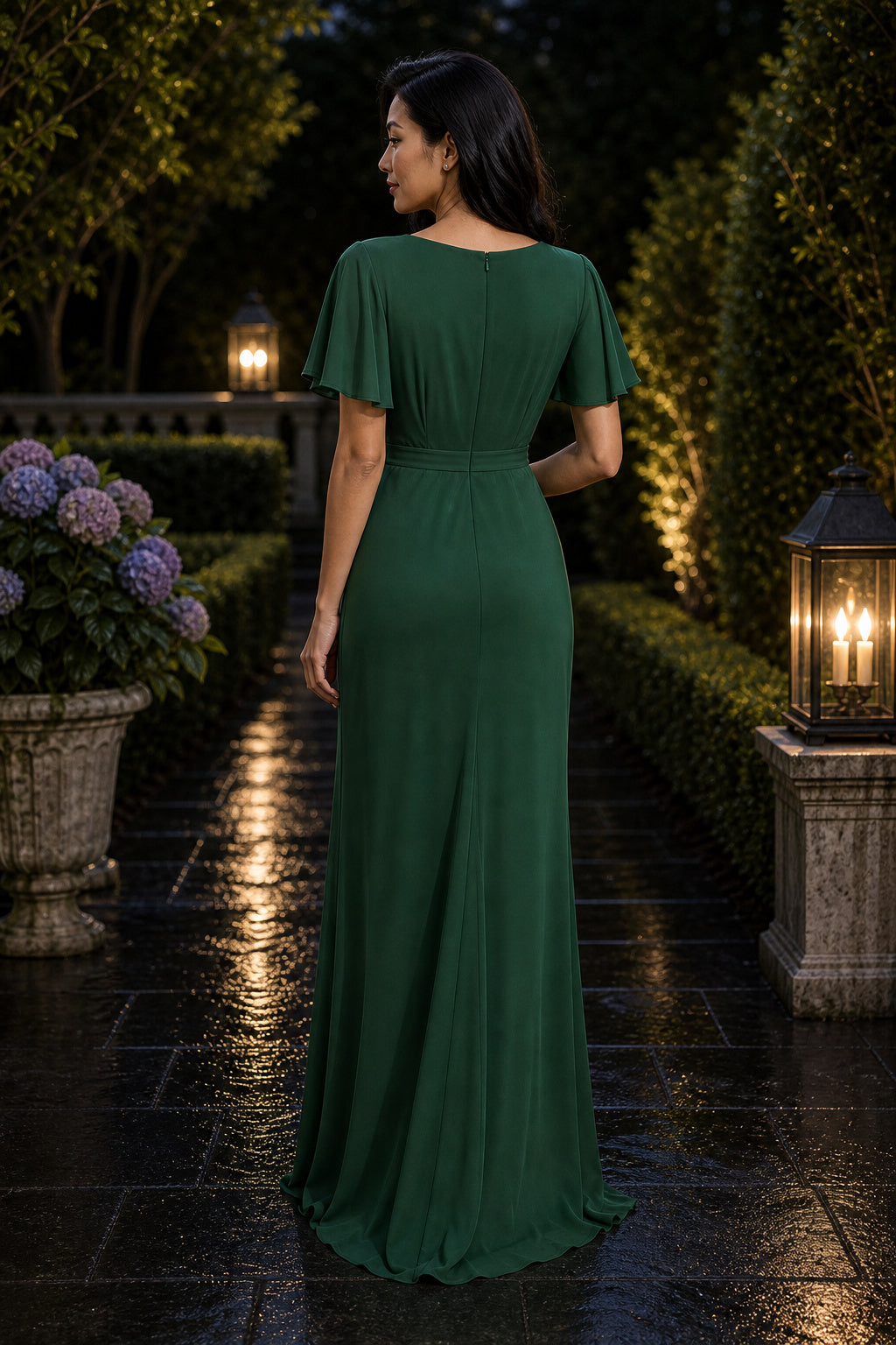 V-neck Short Sleeve Sheath Jersey Floor-Length Dress With Ruched Waist