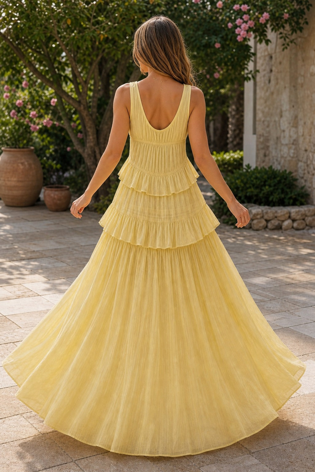 Yellow V-Neck Floor-Length Tiered Tulle A-Line Dress