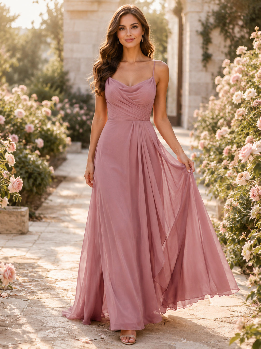 Dusty Rose Cowl Neck Chiffon Open Back Gown front view