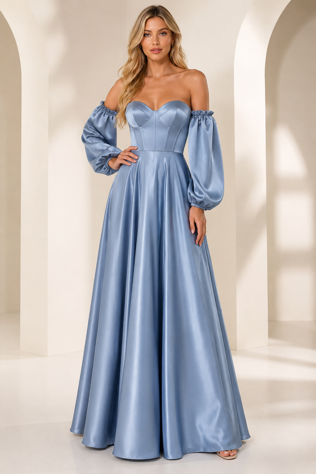 Steel Blue Off the Shoulder Satin A Line Dress with Long Puff Sleeves Floor Length A Line Bridesmaid Dress front view