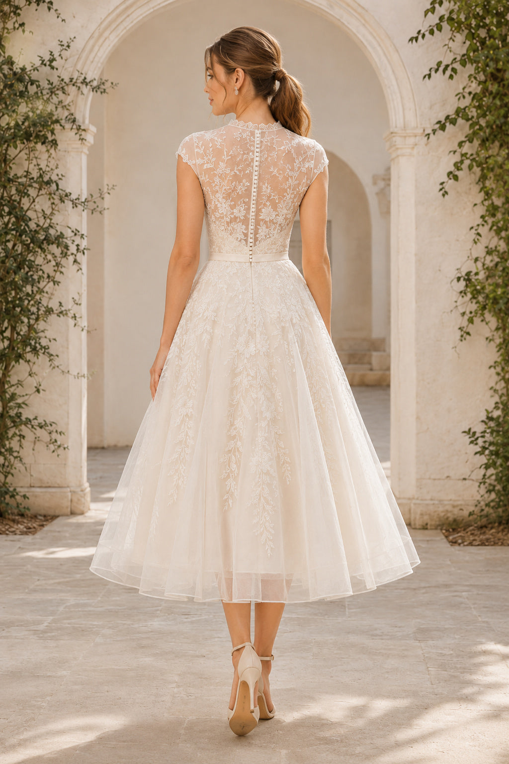 Ivory Illusion Bateau Neck Cap Sleeve Lace Tulle Tea-Length Wedding Dress with Illusion Lace Bodice and Tulle Midi Skirt back