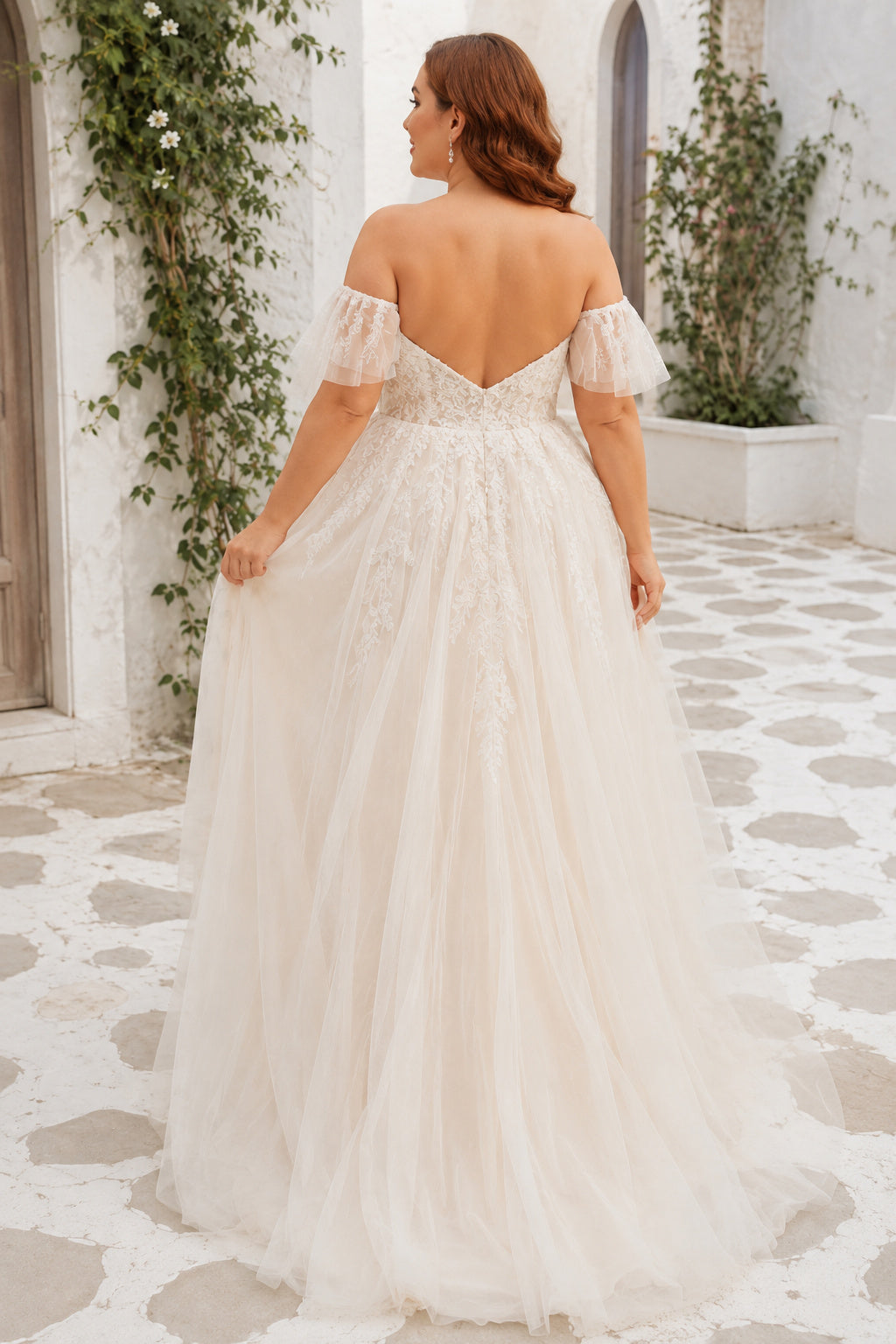 Plus Size Off-the-Shoulder Lace A-Line Wedding Dress with Tulle Train back view