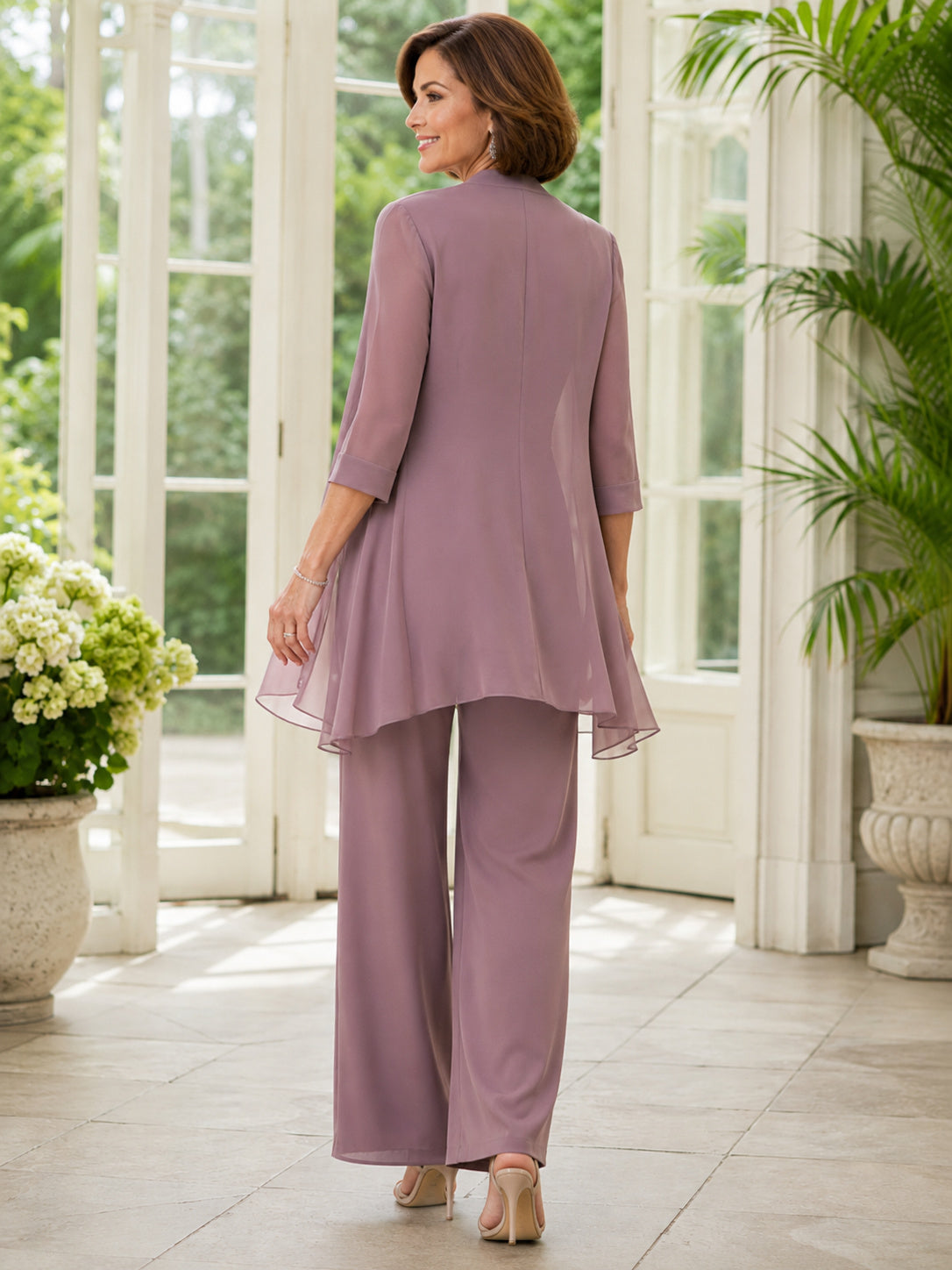 Mother Vintage Mauve Chiffon Pantsuit with V-Neck Draped Jacket and Straight Leg Pants back view