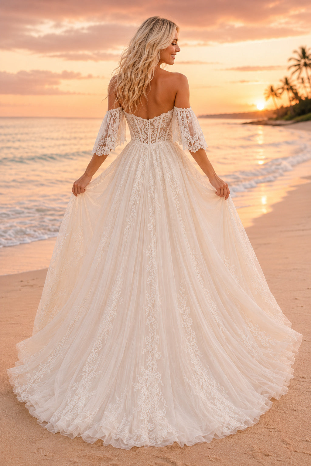 Ivory Off Shoulder Sweetheart Tulle Ball Gown Wedding Dress Lace Bodice for Bridal Ceremony and Reception back view