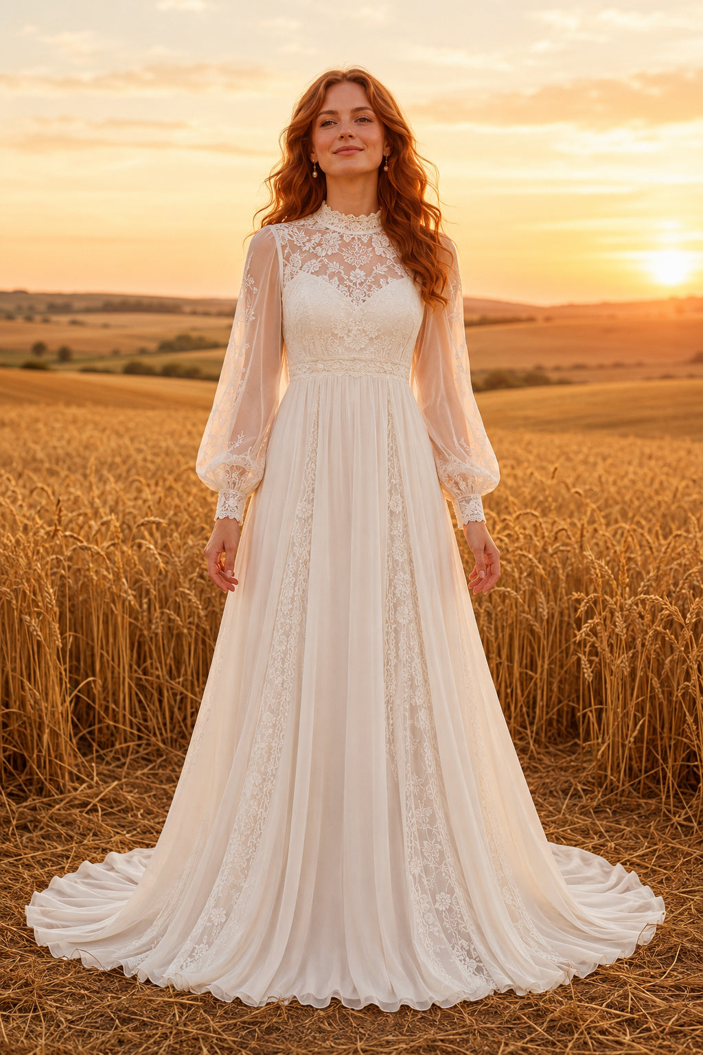 High Neck Long Sleeve A-Line Wedding Dress with Lace Bodice and Chiffon Train for Rustic Garden Ceremony Style MG_700696 fron