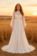 High Neck Long Sleeve A-Line Wedding Dress with Lace Bodice and Chiffon Train for Rustic Garden Ceremony Style MG_700696 fron