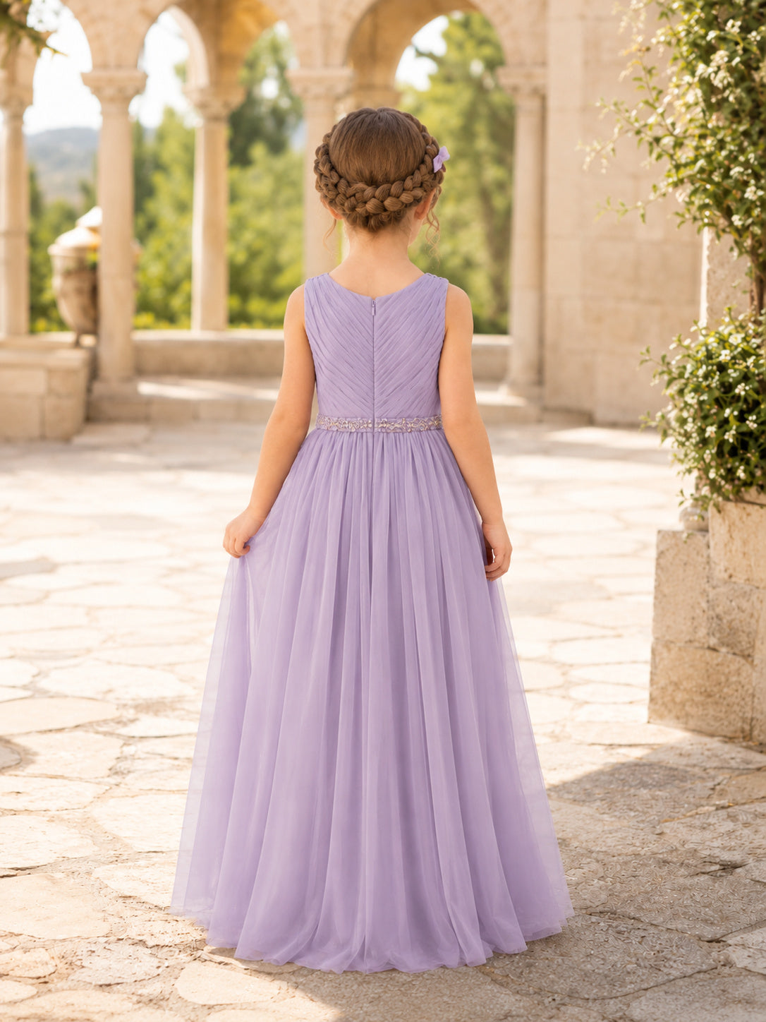 Lavender Soft Draped Chiffon Pleated A-Line Flower Girl Dress with Sleeveless, Jewel Neck and Floor-Length Skirt back view