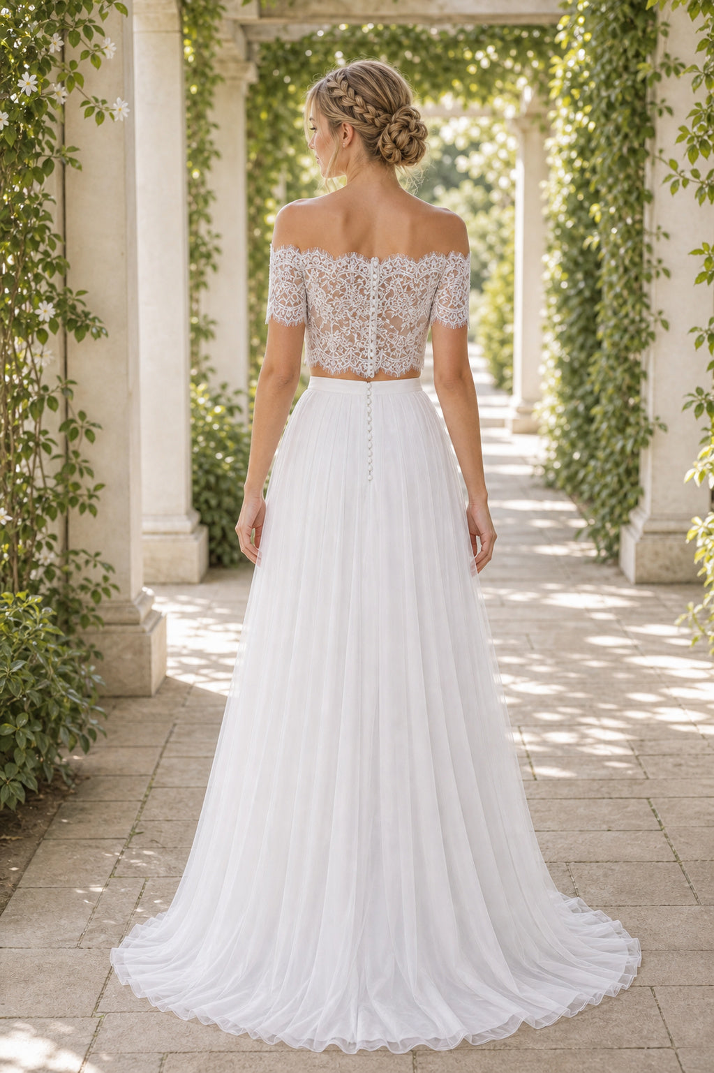 White Bateau Three-Quarter Sleeves A-Line Crepe Floor-length Wedding Dress With Sweep Train and Open Back and Open Back Lace Hem Detail