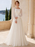 Flattering Bateau Long Poet Sleeve Chiffon A-Line Floor-Length Wedding Dress front view