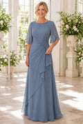 Steel Blue Bateau A-Line Mother Dress with Flutter Sleeves and Cascading Drape for Evening Reception front view