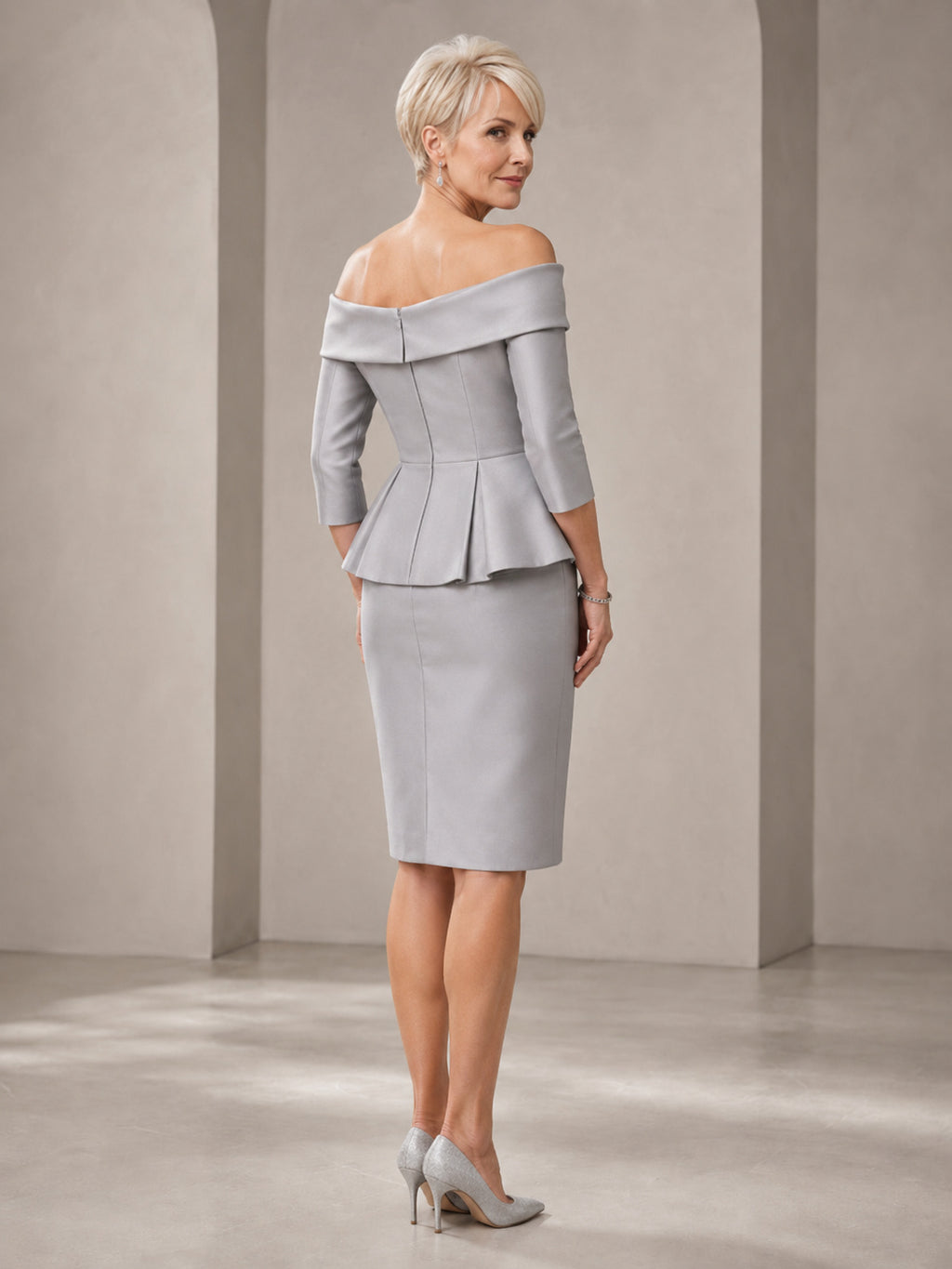 Silver Luxury Knee-Length Pencil Mother of the Bride Satin Dress with Off-Shoulder Folded Neckline Three-Quarter Sleeves and