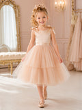 Champagne Shoulder Bow Tea-Length A-Line Flower Girl Dress with Satin Bodice, Tiered Tulle Skirt and Back Sash front view