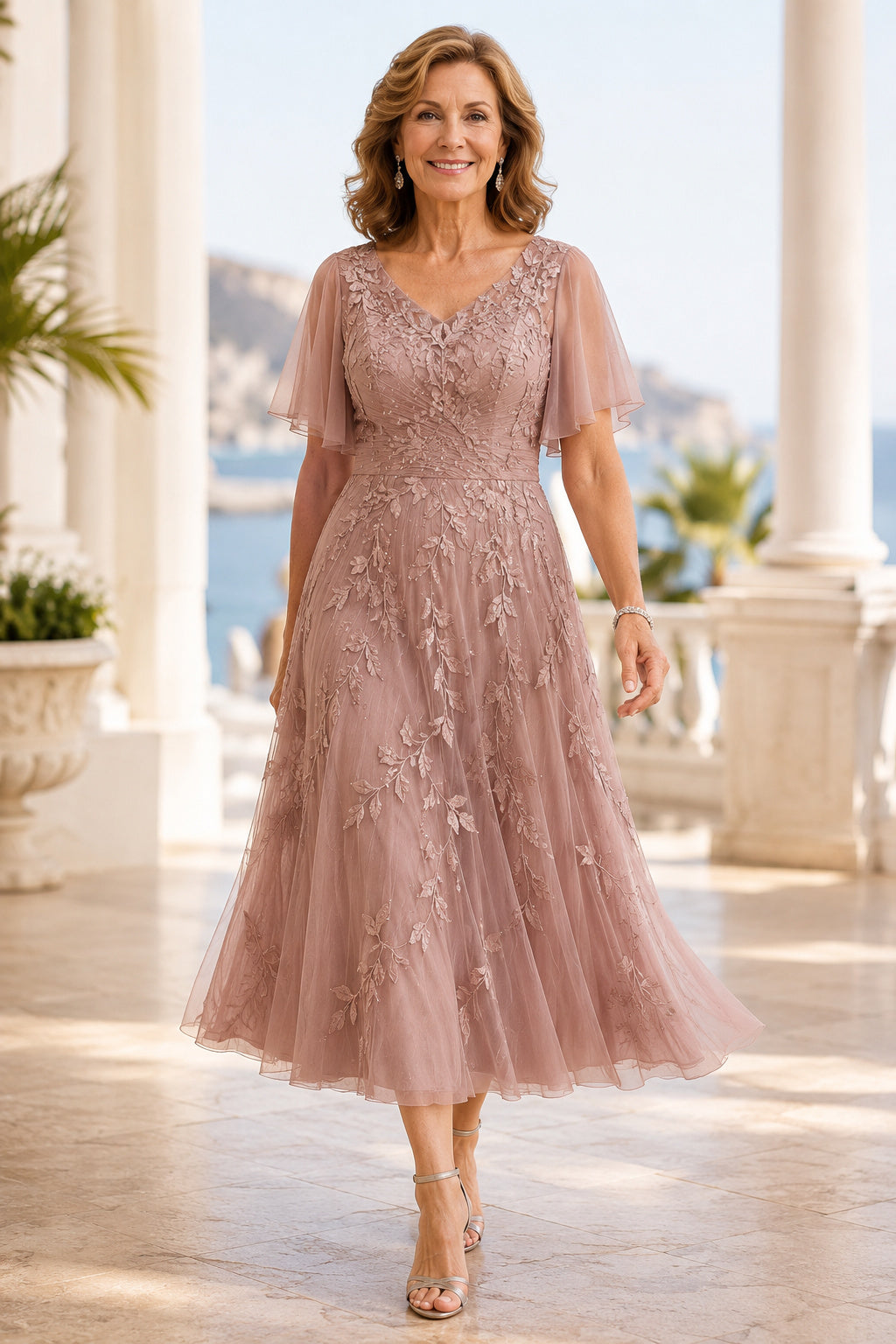 Dusty Rose Tea Length Tulle A-Line Mother Dress with Lace Bodice and Flutter Sleeves front view