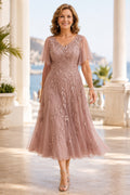 Dusty Rose Tea Length Tulle A-Line Mother Dress with Lace Bodice and Flutter Sleeves front view