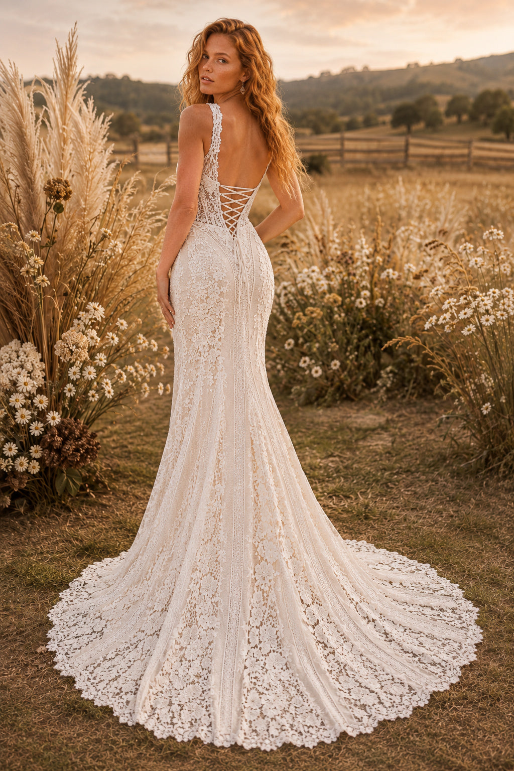 Ivory Spaghetti Lace Mermaid Wedding Dress Chapel Train for Wedding Ceremony and Reception Style MG_701434 back view
