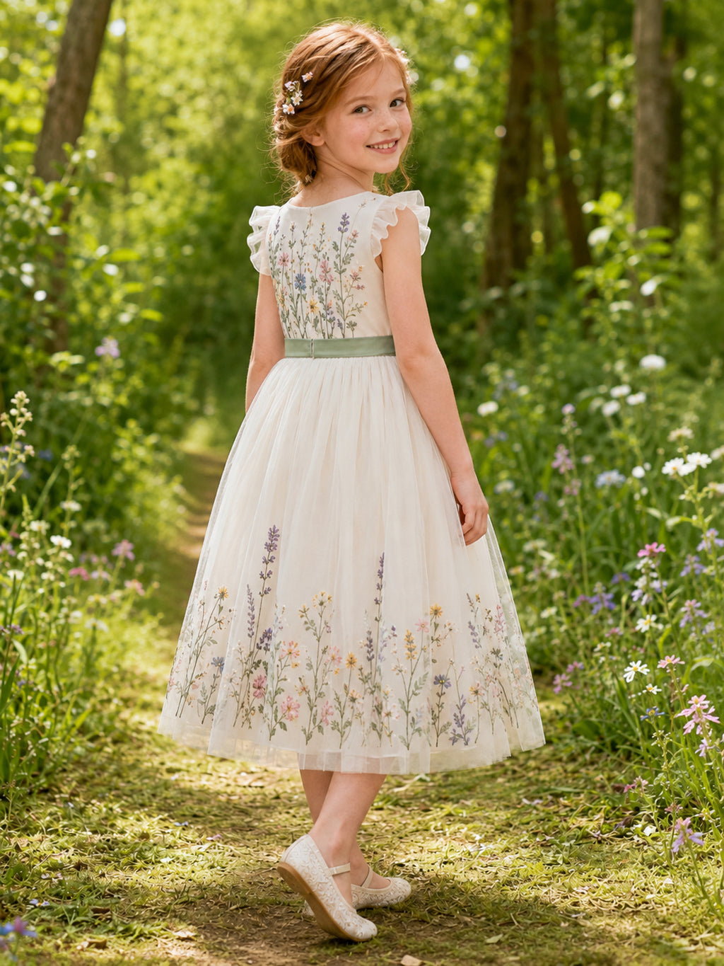 Country Romantic Floral Embroidery Tulle Flower Girl Tea-Length Petal Sleeve Garden Sash Dress back view