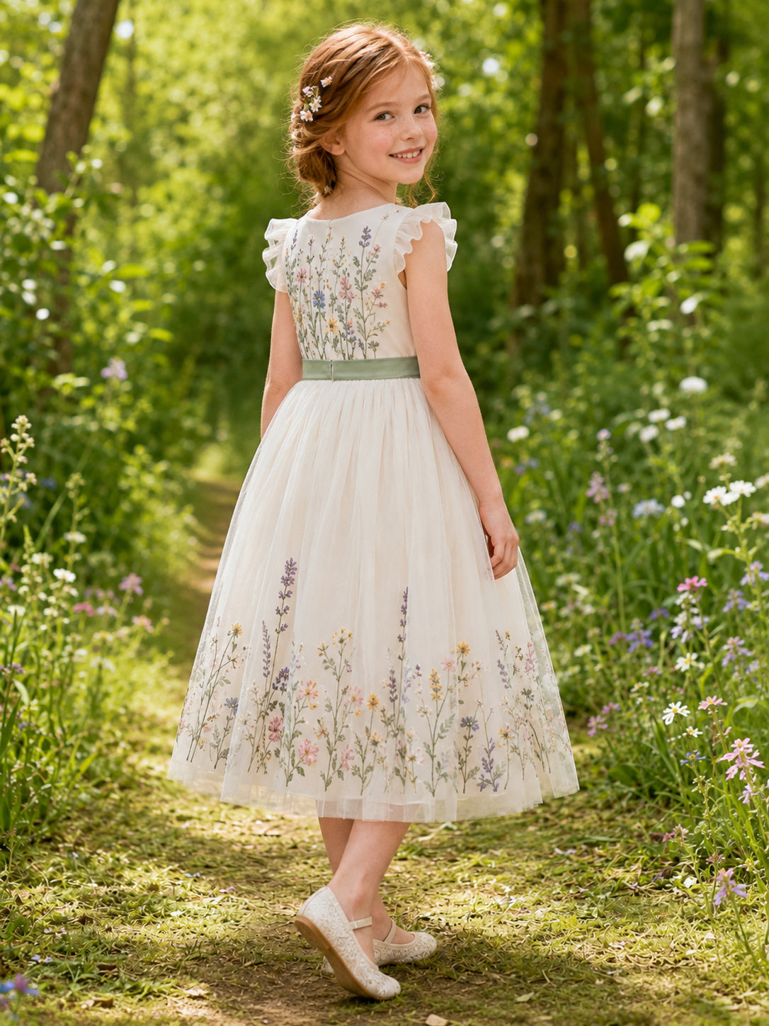 Country Romantic Floral Embroidery Tulle Flower Girl Tea-Length Petal Sleeve Garden Sash Dress back view