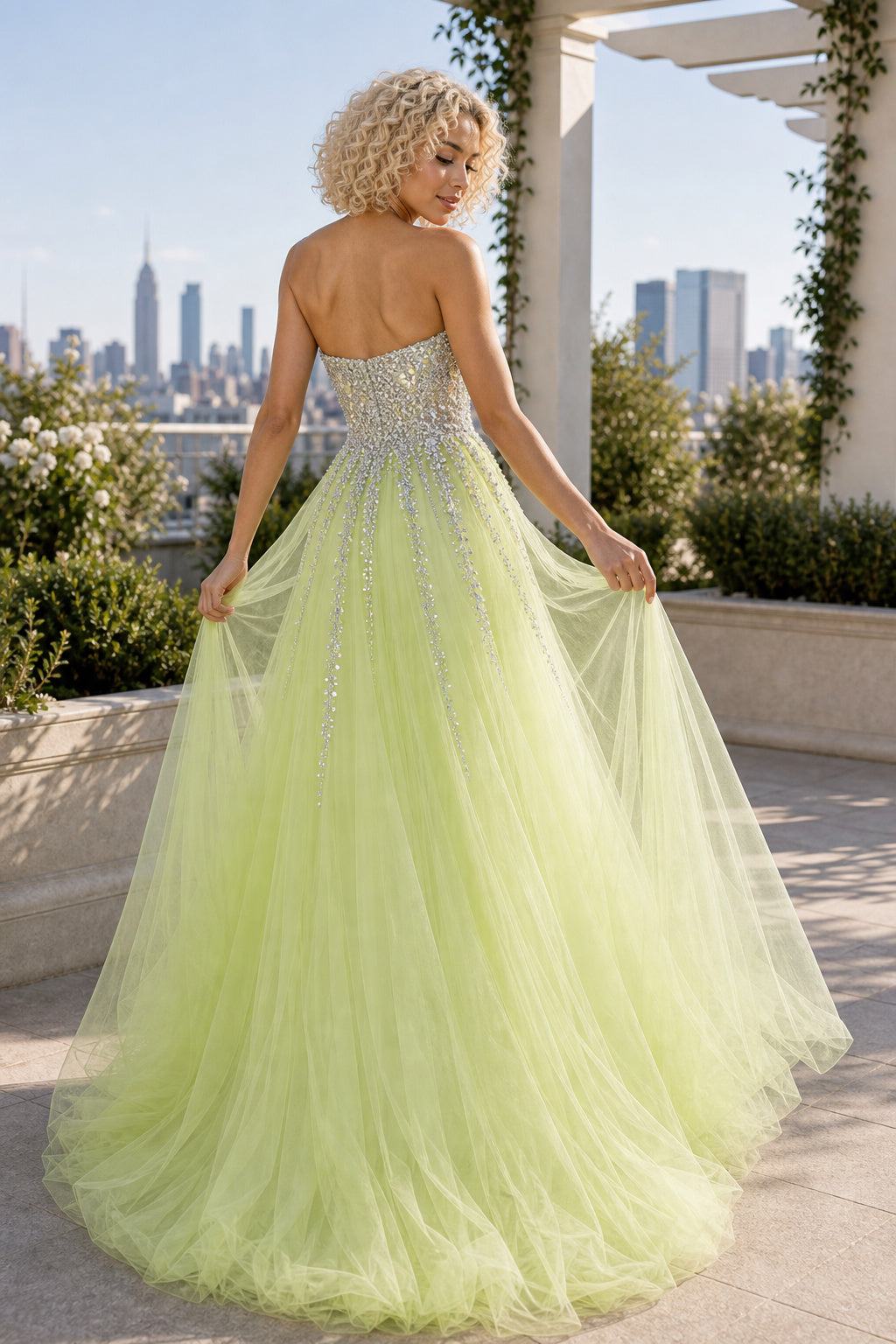 Lime Strapless Sweetheart Ball Gown Tulle Floor-Length Dress With Beaded Bodice