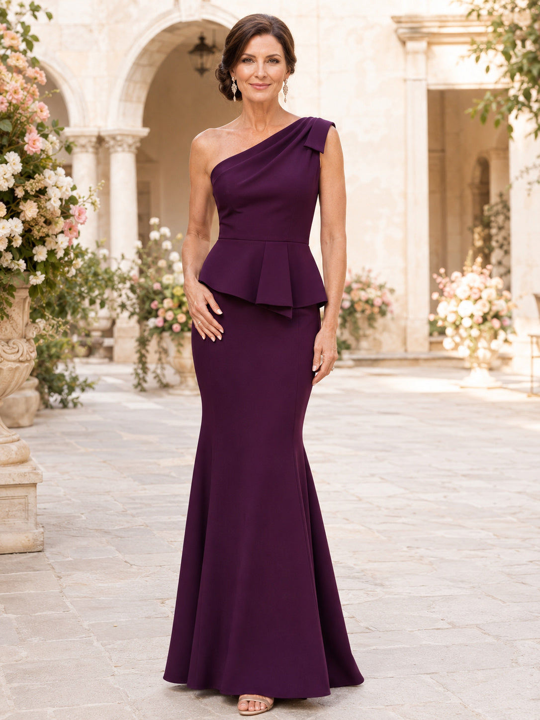 Plum Floor-Length Mermaid Modern Mother of the Bride Evening Gown with One-Shoulder Neck Asymmetrical Peplum and Train front