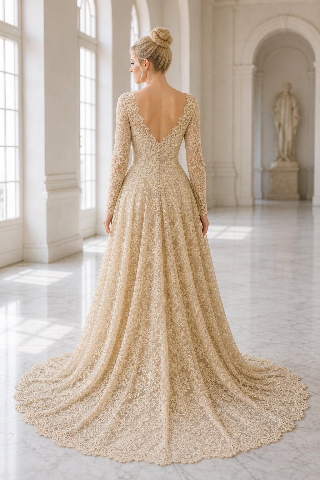 Gold Jewel Long Sleeves A-Line Lace Floor-length Formal Dress With Lace and Train and Open Back