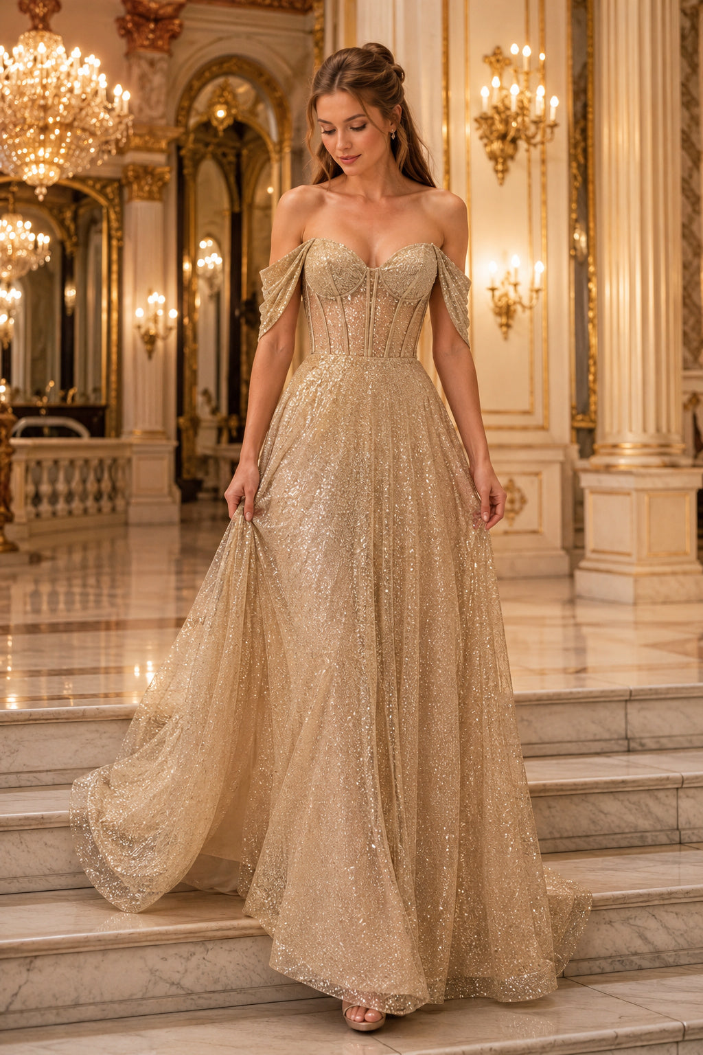 Champagne Glitter Tulle A-Line Prom Dress with Off-the-Shoulder Sleeves front view
